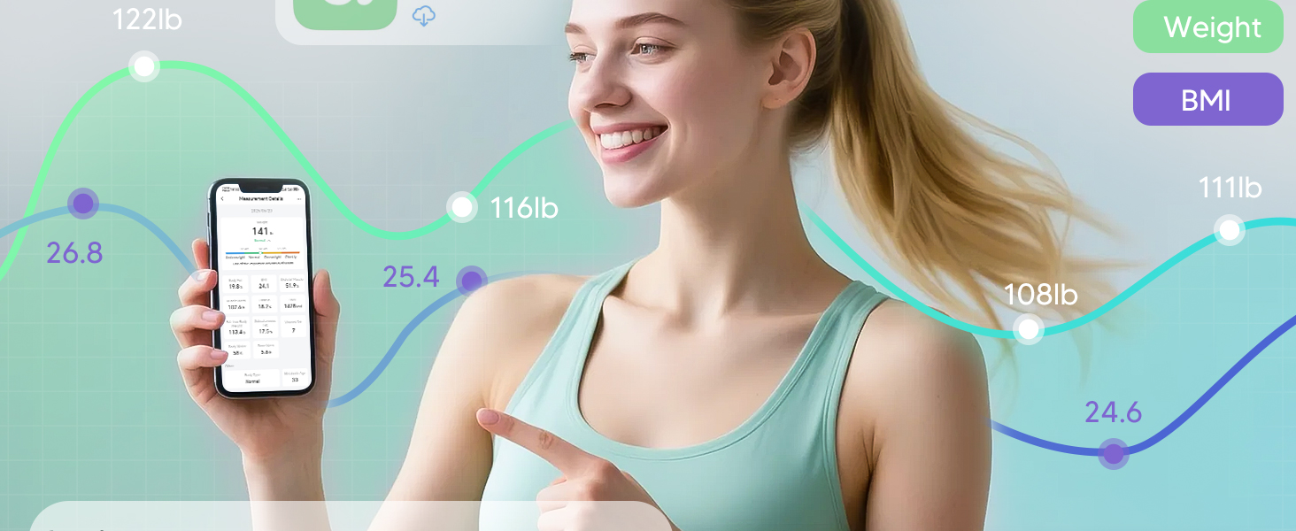 Woman using Arboleaf bathroom scale app to track body weight and BMI changes