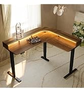 HUANUO Electric L Shaped Stadning Desk with LED Strip &amp; Power Outrlets, 63" x 55" 2-Tier Height A...