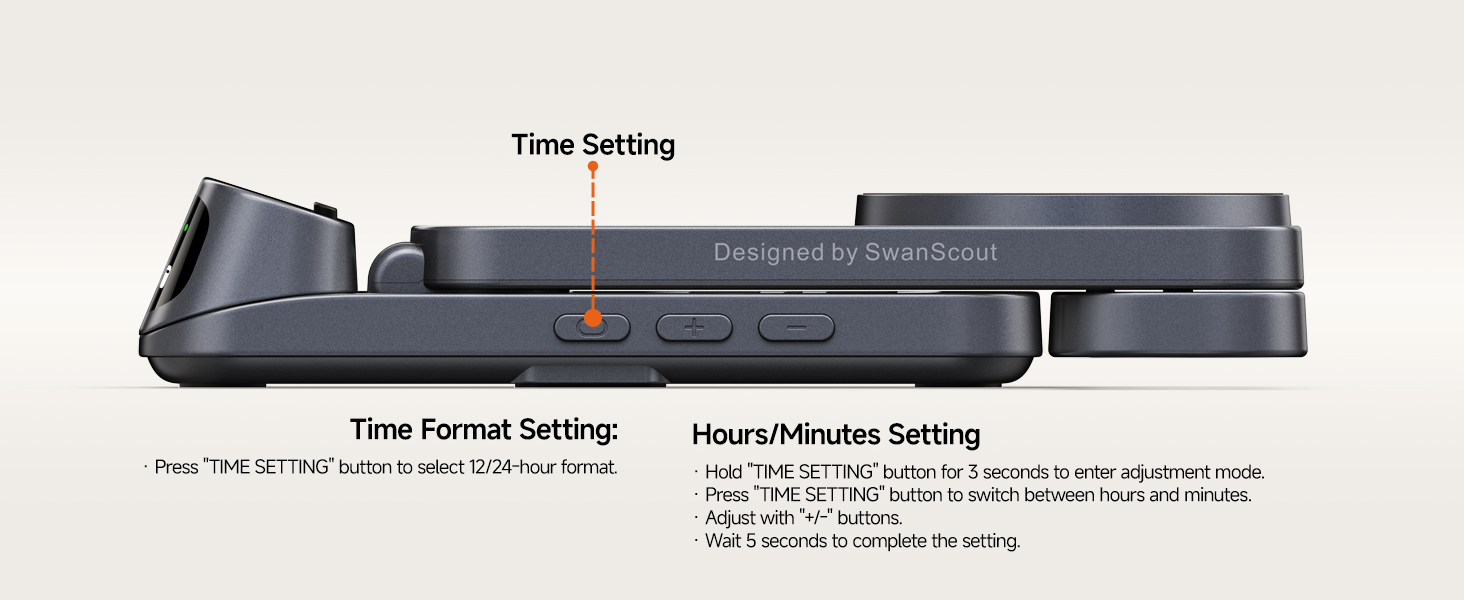 Close-up of a digital device with buttons for time setting, time format setting, and hours/minutes setting. Device has a dark gray color and curved edges.