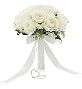 LEIFENY Wedding Bouquets for Bride, White Bridal Bridesmaid Wedding Flowers with Silk Ribbon and ...