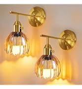 Vintage Gold Wall Sconces Set of 2 with Cute Amber Tulip Glass Lampshade, Hardwired and Wireless ...