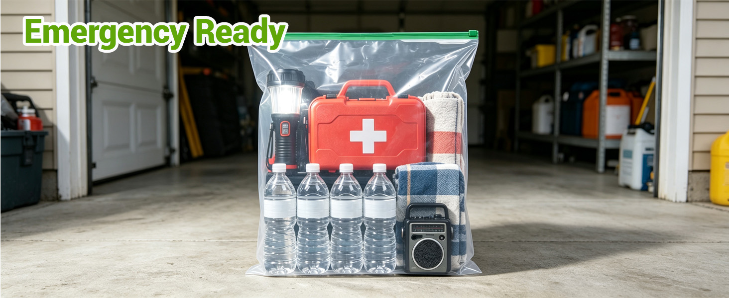 Emergency ready storage bags for organizing supplies.