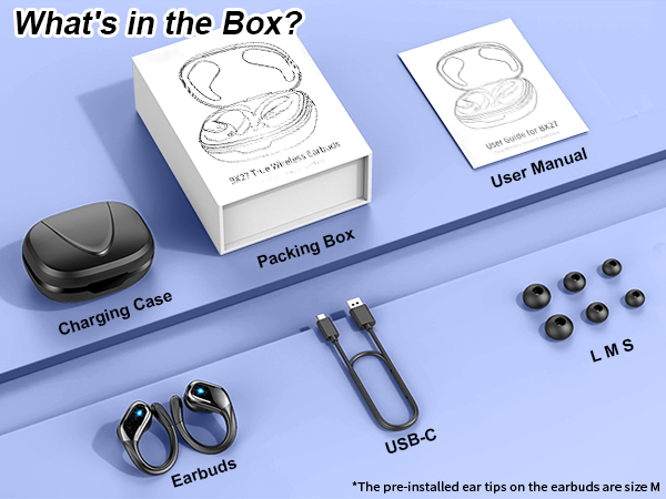 Wireless earbuds package contents display showing charging case, product box, user manual, USB-C cable, earbuds, and multiple sizes of ear tips.