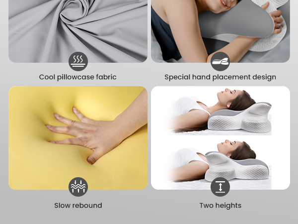 Composite image showcasing pillowcase features: cool fabric, hand placement design, slow rebound memory foam, and adjustable height options for neck support pillow.