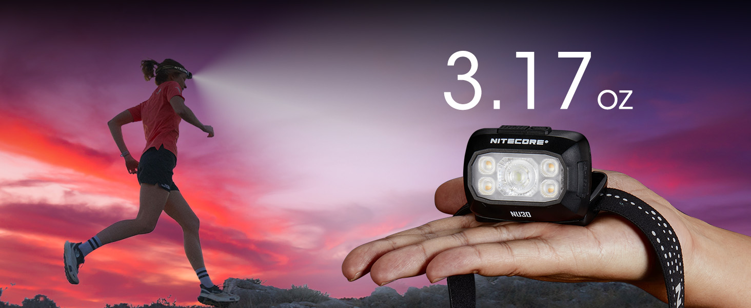 A woman runs at dusk with the NU30, a hand holds out the NU30 in the foreground. 