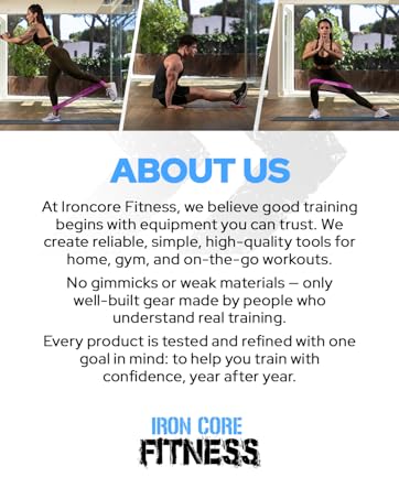 Three resistance band exercises indoors with text about Ironcore Fitness commitment to quality gear