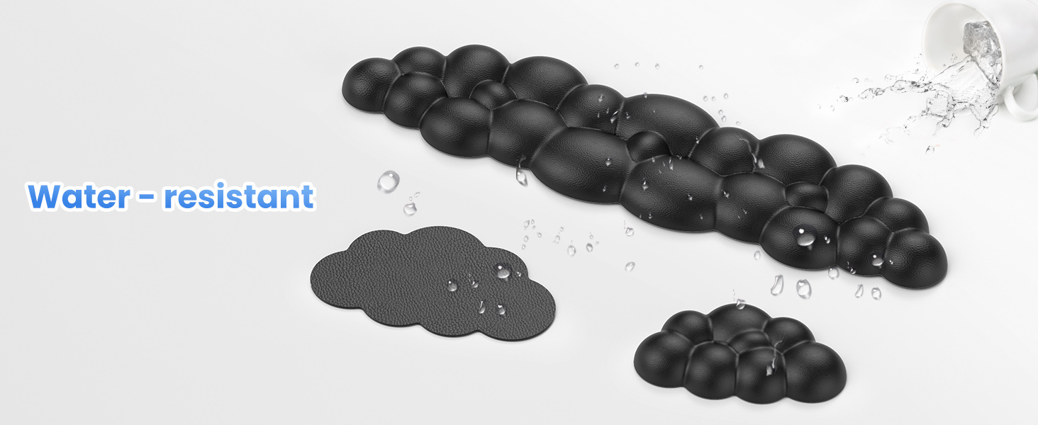 Black spherical objects arranged in clusters on a white surface. Text reads 'Water-resistant'. A dark cloud-shaped area and water droplets are visible.