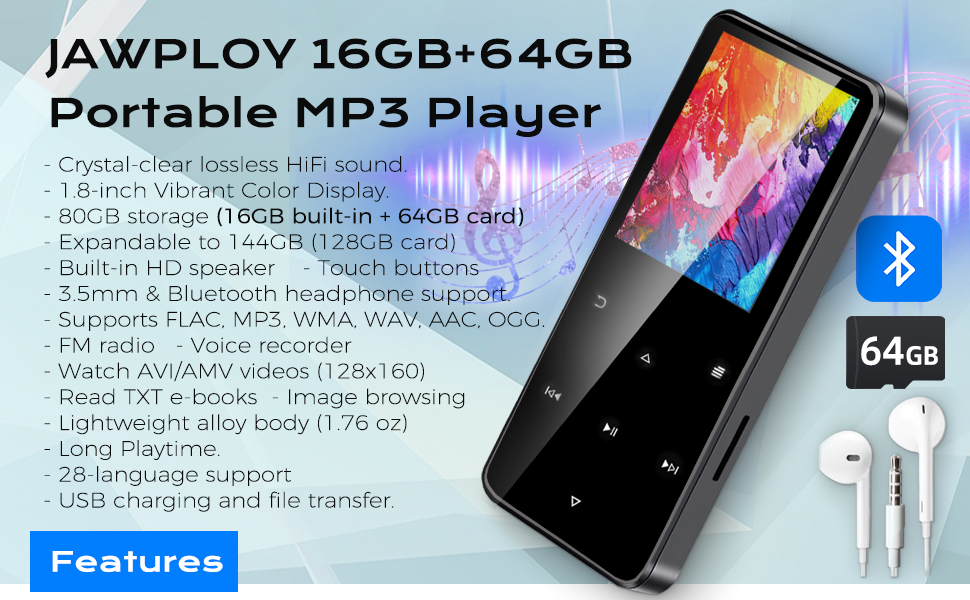 16GB+64GB MP3 Player with Bluetooth Portable Music Player, HD Speaker, Lossless Sound