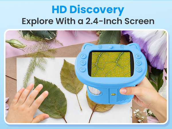Text reads 'HD Discovery' and 'Explore With a 2.4-Inch Screen'. Shows blue handheld device with digital screen displaying nature exploration images.
