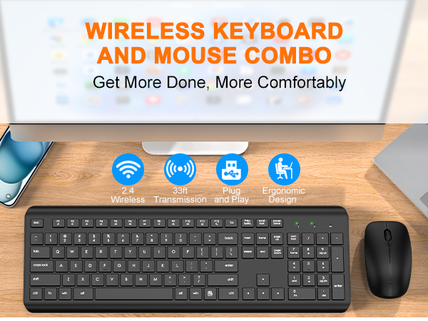 Wireless Keyboard and Mouse Combo Full Size Silent Ergonomic Keyboard Mouse Cordless Mouse Keyboard
