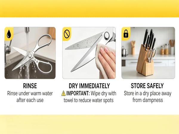 Kitchen scissors cleaning and storage care instructions