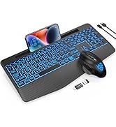 Wireless Keyboard and Mouse Backlits, Wrist Rest, LED Mouse, Rechargeable Ergonomic Keyboard with...