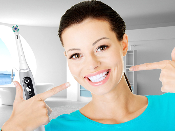 Dental care products including electronic device with blue lighting shown in clinical setting.