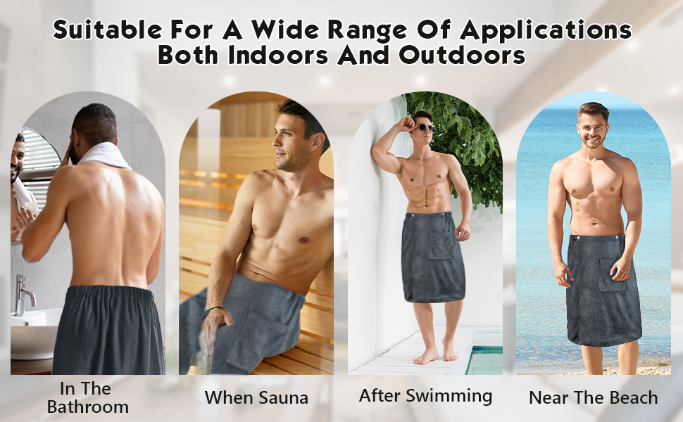 Four-panel demonstration of a gray towel wrap showing its use in bathroom, sauna, after swimming, and beach scenarios.