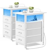 Vagusicc Set of 2 White Nightstand with Charging Station and LED Lights, Narrow End Table, LED Ni...