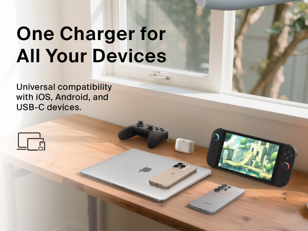 Image of multiple chargable devices with text reading one charger for all your devices.