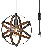 DEWENWILS Plug in Pendant Hanging Light, Wood Grain Industrial Style Metal Globe Vintage Ceiling ...