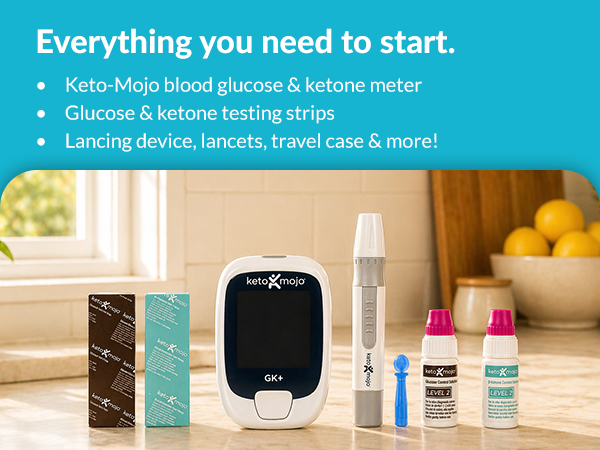 The Keto-Mojo complete testing kit with lancets, testing strips and the meter