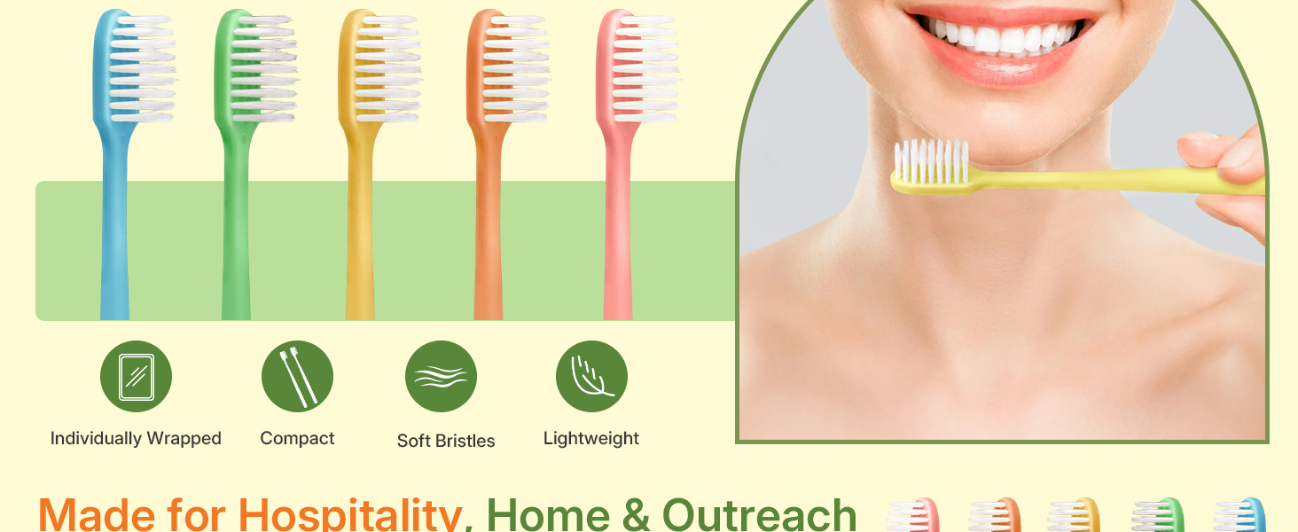 Compact lightweight soft-bristle toothbrushes, individually wrapped, for adults and kids