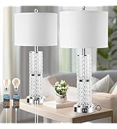 3-Way Touch Control Crystal Table Lamps Set of 2, Silver Modern Bedside Lamp with 2 USB Ports &amp; A...