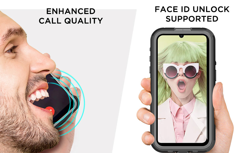 Split image showing mobile phone features: left panel indicates enhanced call quality, right panel displays phone in protective case with Face ID unlock support.