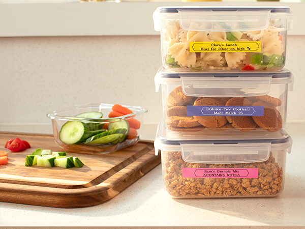 Labelled meal prep containers: Gluten-Free Cookies; Made March 25; Sam&amp;#39;s Granola Mix; CONTAINS NUTS