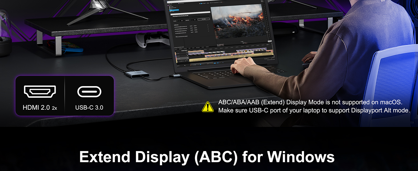 Text reads 'Extend Display (ABC) for Windows'. Software interface showing multiple display settings and connection options with dark theme interface.