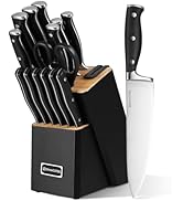 Diamosteel Black Knife Set, 15-Piece Knife Block Set with Built-in Sharpener Scissors for Kitchen...