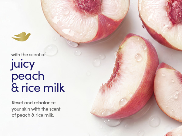 Juicy peach and rice milk fragrance message alongside peach slices covered in water droplets