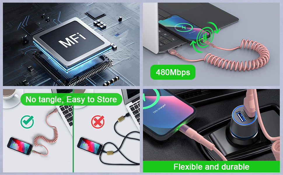 coiled iphone charger cable for car