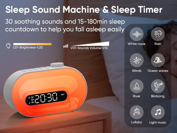 sound machine alarm clock features 30 soothing sounds and auto off timer to aid better sleep