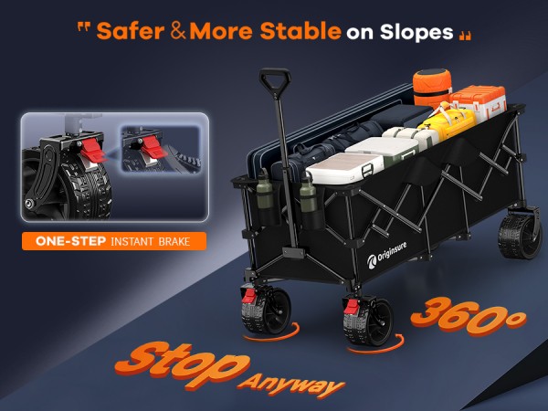 Two front wheels brake keeps the collapsible wagon safe and stable on the slope