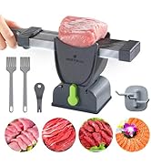 Meat tenderizer tool set with gray base unit, adjustable top press, and included accessories. Product photo shows raw meat samples and four circular food preparation result images below.