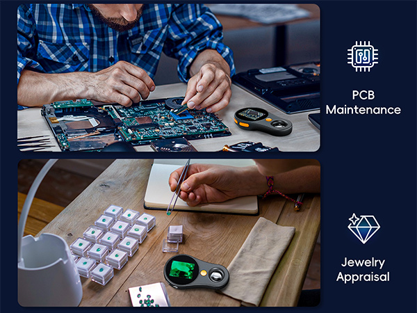 Split image showing electronic circuit board maintenance work and jewelry appraisal process with digital keypad interface.