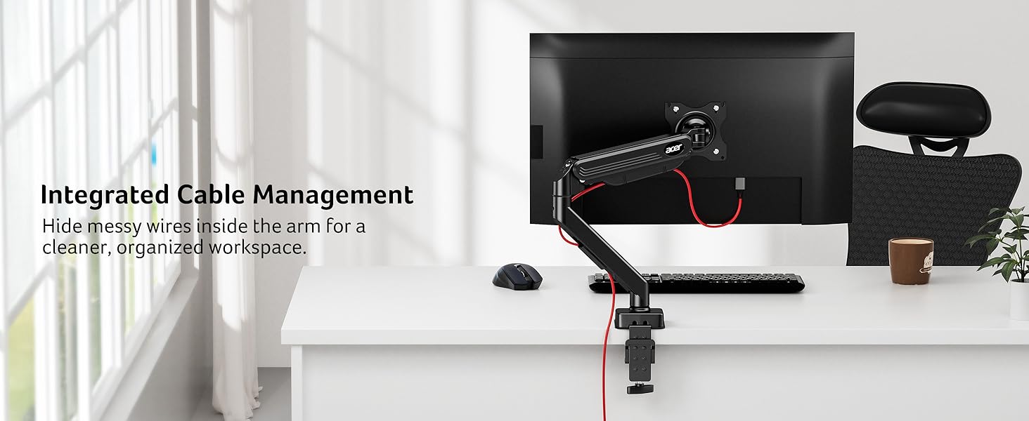 Text reads "Integrated Cable Management". Series of images showing cable management solutions and organization systems in an office setting.