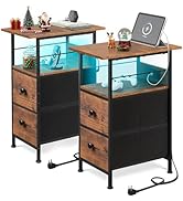 WLIVE Nightstand Set of 2 with Charging Station, End Table Sets with LED Lights, 2 Fabric Drawers...