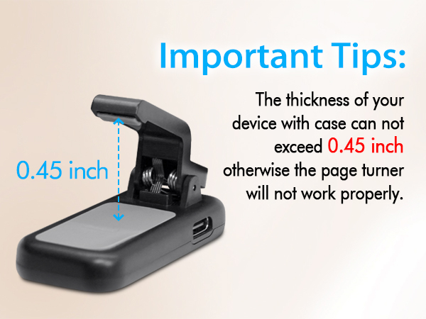 Text reads 'Important Tips:' and '0.45 inch'. Product warning about device thickness limitation showing black mounting clip with measurement specifications.