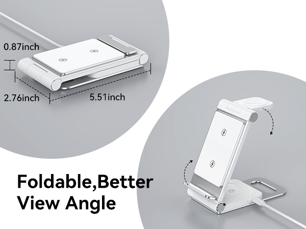 Text reads 'Foldable,better View Angle'. Technical diagram showing measurements including '0.87inch', '2.76inch', and '5.51inch' for what appears to be a foldable device stand.