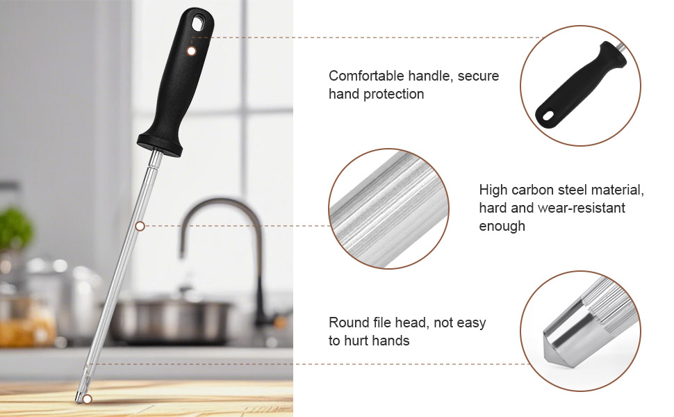 Close up of three parts of the sharpening stick, head, middle material, and handle