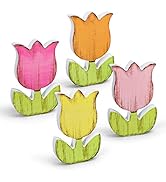 Whaline 4Pcs Spring Tulips Wood Signs Table Decor - Retro Spring Flowers Table Centerpiece Rustic...