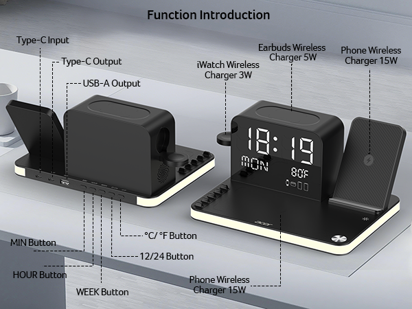 Acer 7 in 1 Wireless Charging Station with LED Night Light, Bluetooth Time Sync Clock