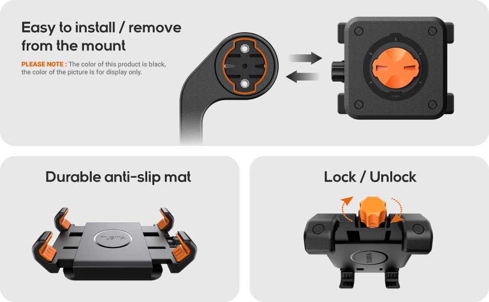 Phone mount with easy installation, anti-slip mat, and lock/unlock mechanism. Black base with orange accents. Three panels showing different features.