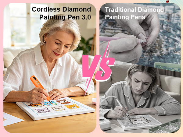 Text reads 'Cordless Diamond Painting Pen 3.0' and 'Traditional Diamond Painting Pen' with 'VS' symbol. Split image comparing modern cordless pen with traditional pen used by two different people.