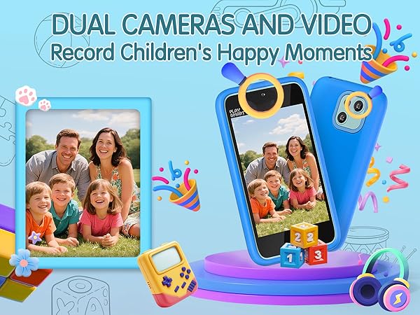 Dual cameras (front + rear) with fun stickers and cute photo frames