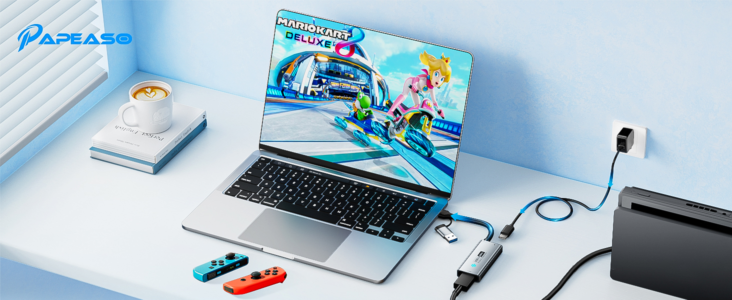 Multiple angled views of a workspace setup showing laptop, electronic devices, and gaming peripherals against a blue-tinted background.