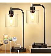 Set of 2 Industrial Table Lamps with USB C+A Ports and Outlet, Fully Stepless Dimmable Bedside La...