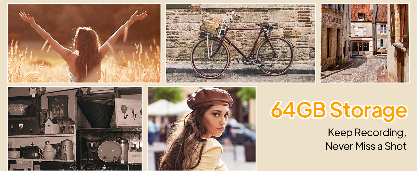 Text reads '64GB Storage'. Grid of lifestyle photos including bicycle, architectural shot, and silhouette at sunset. Keep Recording tagline visible.