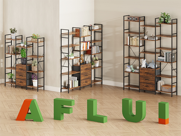 AFLUI Triple Bookshelf with 3 Fabric Drawers, 3 Sizes