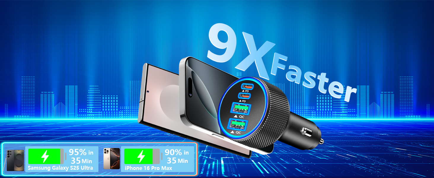 MFi Certified 4-Port 90W USB-C/USB-A Power Cigarette Lighter PD/QC USB-C Car Charger for iPhone 16