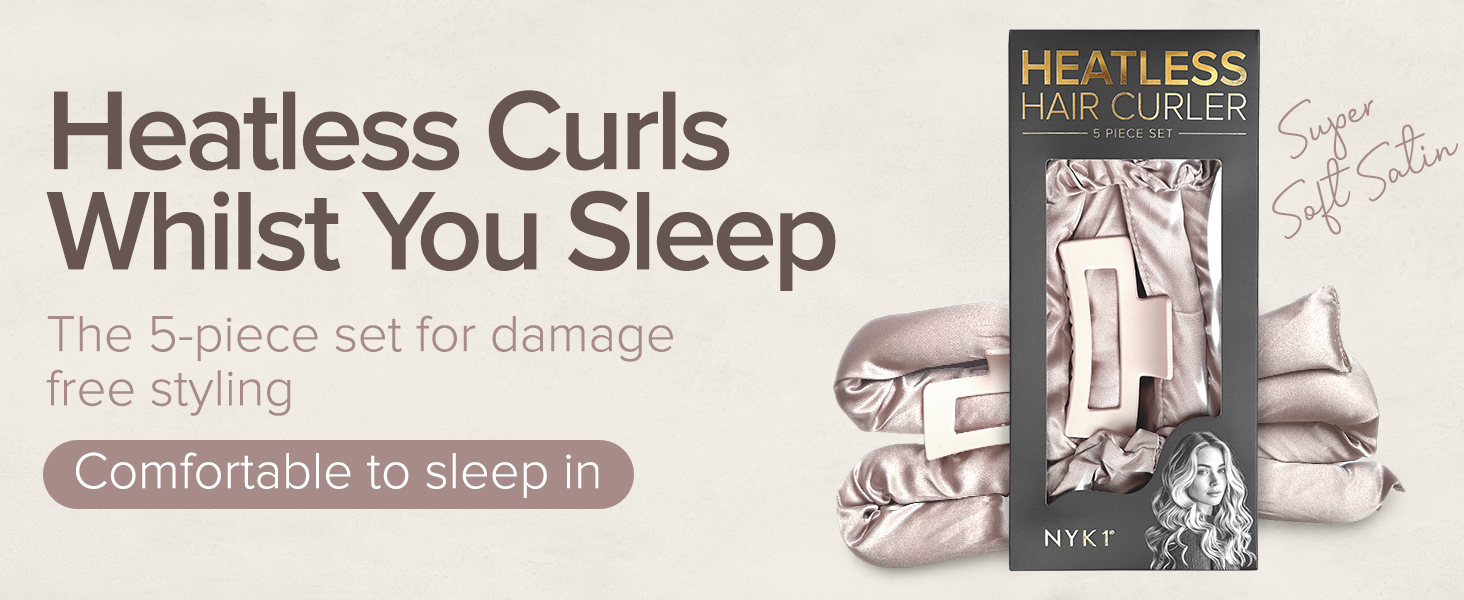 Text reads: 'Heatless Curls Whilst You Sleep' 'The science set for damage-free styling' Product packaging showing hair styling system.